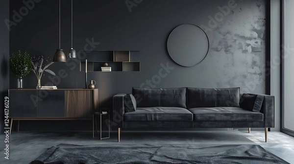 Obraz Detailed view of dark gray room featuring sofa, sideboard, and spacious mock-up area.