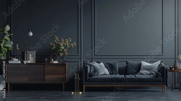 Obraz Detailed view of dark gray room featuring sofa, sideboard, and spacious mock-up area.