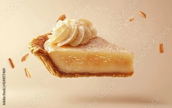 Fototapeta Flying apple pie slice with cinnamon sugar sprinkles on a pastel beige background
