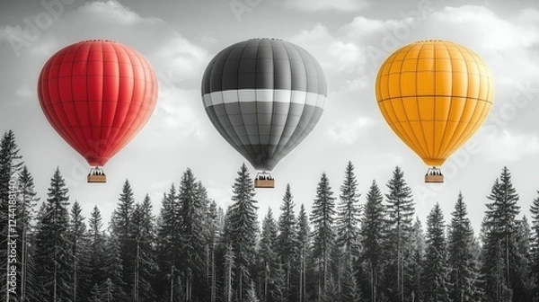 Fototapeta Three hot air balloons soar above a pine forest