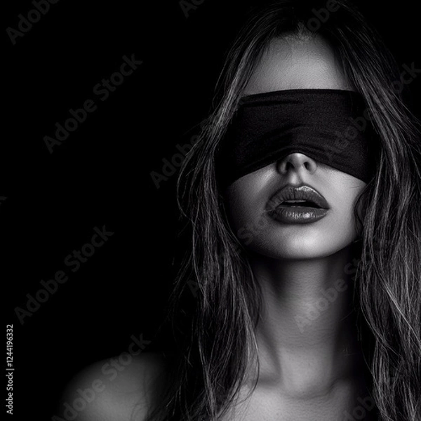 Obraz Woman with blindfolded eyes, dark mode, b&w, Generative AI