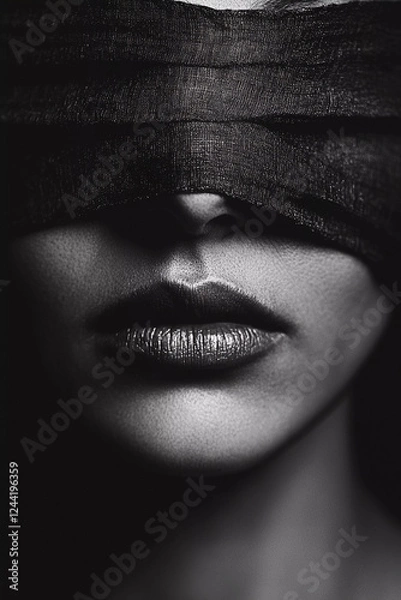 Obraz Woman with blindfolded eyes, dark mode, b&w, Generative AI