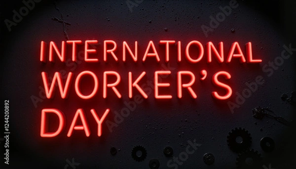Fototapeta Glowing red neon text "International Worker's Day" on dark industrial backdrop, symbolizing labor rights