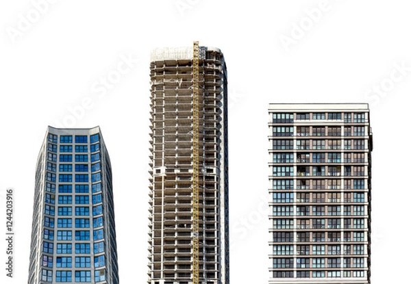 Obraz Set of modern high-rise residential and commercial buildings with sleek facades and geometric patterns, urban real estate development in a metropolitan district. Isolated on white background.