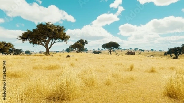 Fototapeta Awe-Inspiring African Savannah Landscape Under a Majestic Sky.  A Breathtaking View of the Golden Grassy Plains and Majestic Trees.  Perfect for Nature Lovers and Wildlife Enthusiasts.