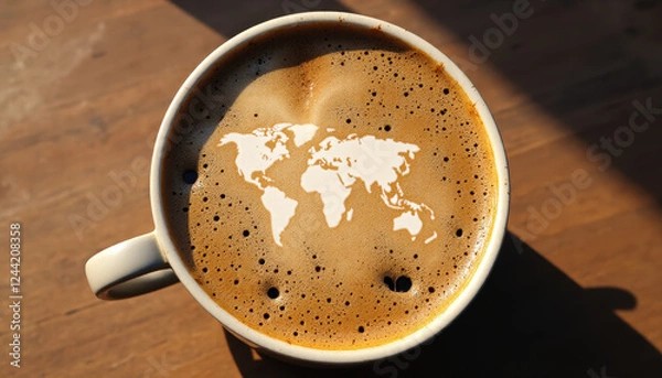 Fototapeta Realistic Coffee Cup with World Map Froth
