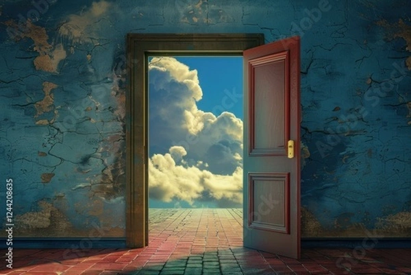 Fototapeta Open door in old room revealing a cloudy sky, surreal concept of doorway to heaven