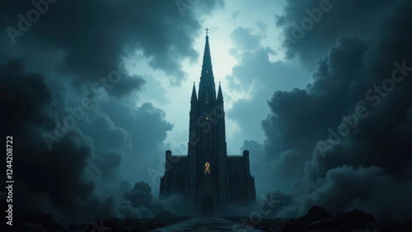 Fototapeta A dramatic religious skyline with a towering cathedral church under storm clouds.