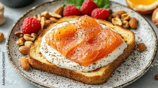 Fototapeta Smoked Salmon Toast with Yogurt, Berries, and Nuts on Plate; Healthy Breakfast