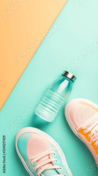 Obraz Colorful sneakers and water bottle on vibrant floor.