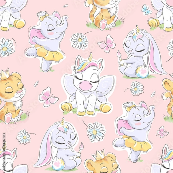 Obraz Cartoon. Cute seamless pattern animals baby for children's textiles. Print on clothes and fabric. Fashionable seamless pattern. Design for children.