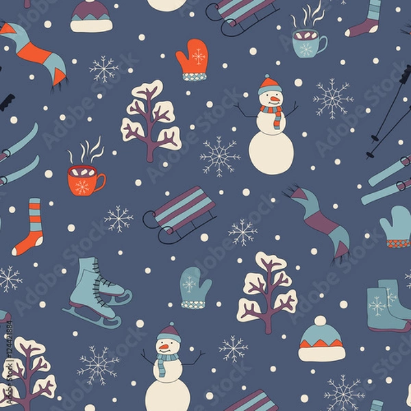 Fototapeta Vector seamless pattern, doodling design. Winter seamless pattern. Merry Christmas and Happy New Year background