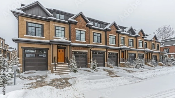 Fototapeta Snowy townhouse row in winter, showcasing modern architecture and community living