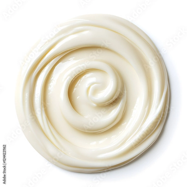 Fototapeta Mayonnaise swirl, whipped cream texture, top view, isolated on white background closeup