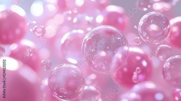 Fototapeta A set of pink bubbles floating in the air, with a light and dreamy style