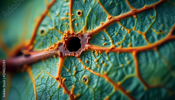 Fototapeta a close up of a leaf with a hole in it