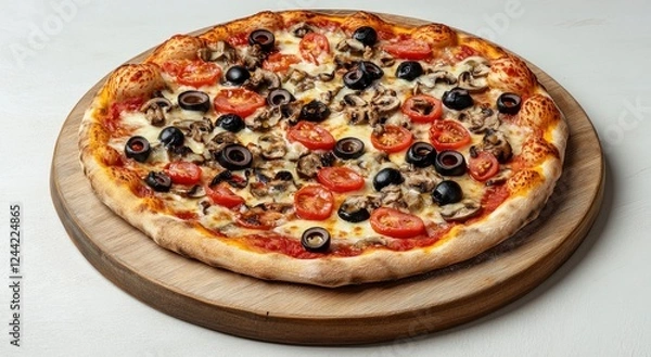 Fototapeta Photo of a pizza on an old wooden board with space for text, on the right side. On a light gray background with copy space, top view, flat lay. 