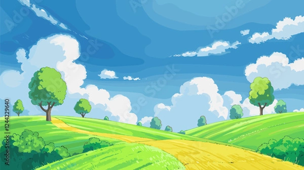 Fototapeta Cartoon Landscape with Yellow Path and Green Hills