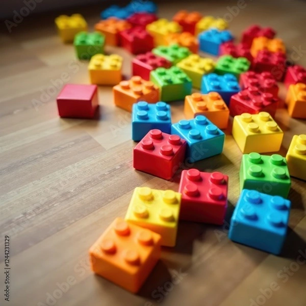 Fototapeta Colorful plastic blocks scattered on wooden floor, wooden floor, learning