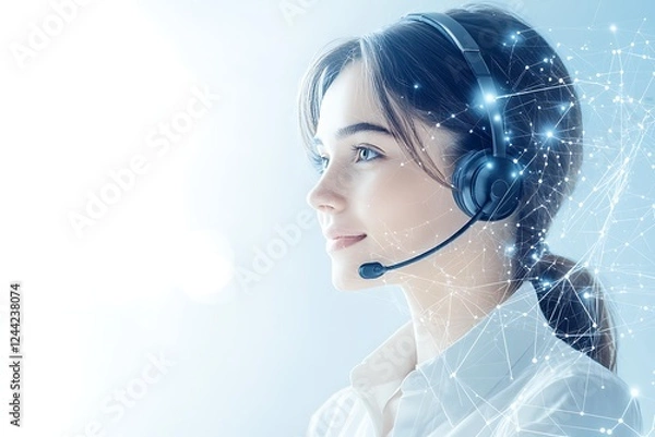 Fototapeta Photo of an AI entity in a virtual headset talking to a human customer service representative, isolated on a transparent background.