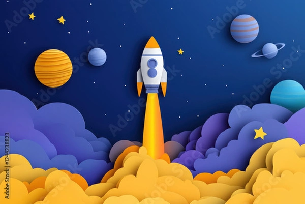 Fototapeta A colorful rocket launching into space amidst planets and clouds in a whimsical design.