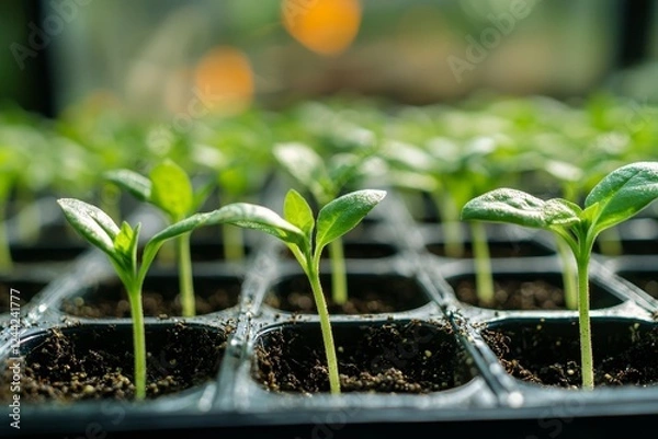Obraz Grid of healthy young plants thriving in black trays within greenhouse