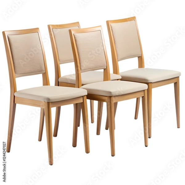 Fototapeta Elegant wooden dining chairs set beige upholstery modern design home room on transparent background