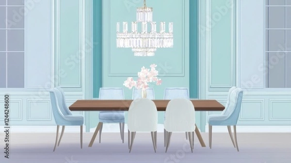 Fototapeta A Delicate Dining Room with a Crystal Chandelier and Soft Pastel Colors