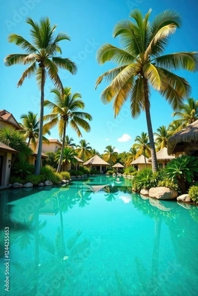 Fototapeta Palm trees sway gently in turquoise pond waters under clear blue sky, water, reflection