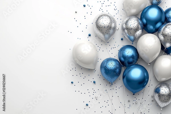 Fototapeta happy birthday horizontal illustration with 3d realistic silver and blue air balloon on white background