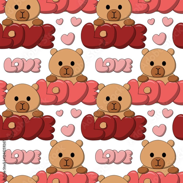 Fototapeta Seamless pattern with Cute Capybara with the word Love