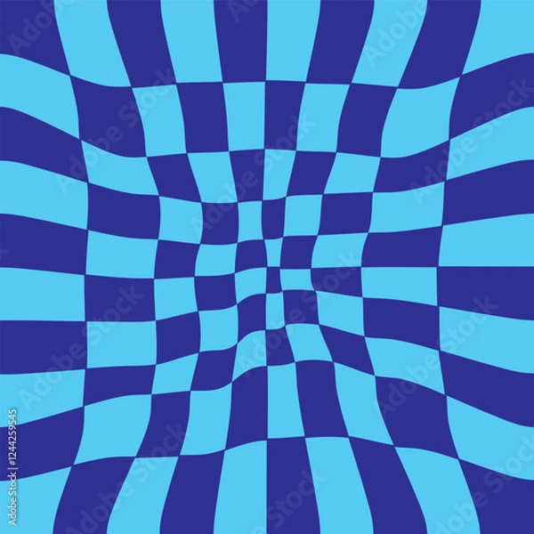 Obraz blue Psychedelic checkerboard background with warped wavy grid tile. Twisted checkered seamless geometric pattern in groovy style. Color chessboard posters with distortion effect, vector illustration.