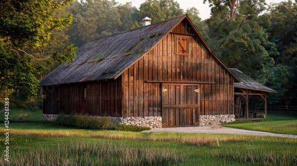 Obraz A rustic wooden barn surrounded by greenery and a gravel path, evoking tranquility.