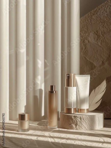 Obraz A serene arrangement of skincare products on a textured surface with soft lighting.