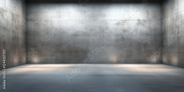 Fototapeta Concrete Room - Abstract Industrial Interior Background Template with Ceiling Lights and Rough Floor, 3D Illustration