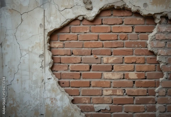 Fototapeta Crumbling walls reveal red bricks beneath the surface in an abandoned structure showcasing weathered beauty and forgotten stories
