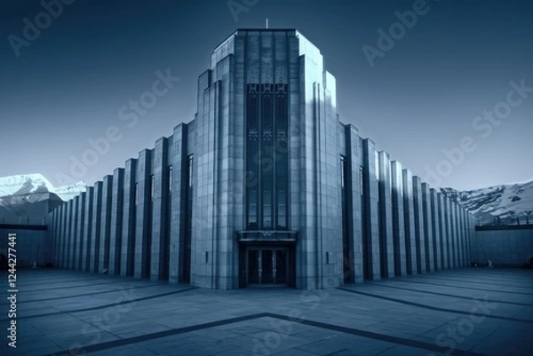 Obraz A majestic Art Deco building stands tall against a backdrop of snow-capped mountains, showcasing its imposing symmetrical design.