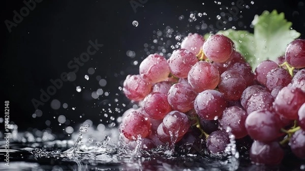 Fototapeta Bunch of red grapes with water droplets on a black background. Macro photography highlights the texture of the berries, their freshness, and rich color. Advertising mockup