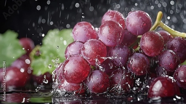Fototapeta Juicy bunch of red grapes with water droplets on a black background. Macro photography highlights the texture of the berries, the shine of the droplets, and the natural freshness.