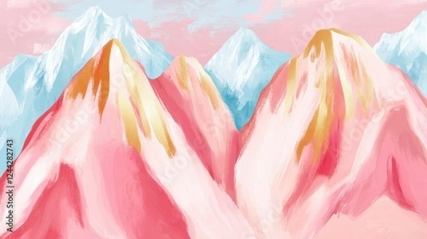 Fototapeta Whimsical mountain landscape with pastel pink and blue peaks, adorned with golden accents, against a soft sky.