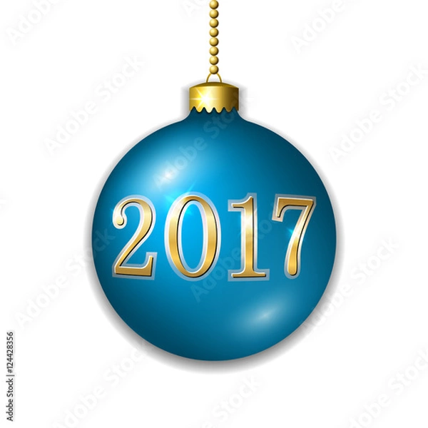 Fototapeta Merry Christmas 3D bauble, decoration with gold 2017 number. Blue ball, isolated on white background. Bright golden holiday design. Xmas, Happy New Year celebration. Vector illustration