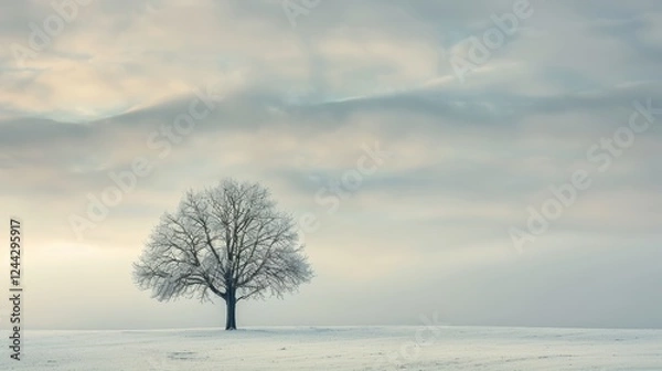 Fototapeta Serene Winter Landscape with Solitary Tree in Snow-Covered Field for Nature Posters