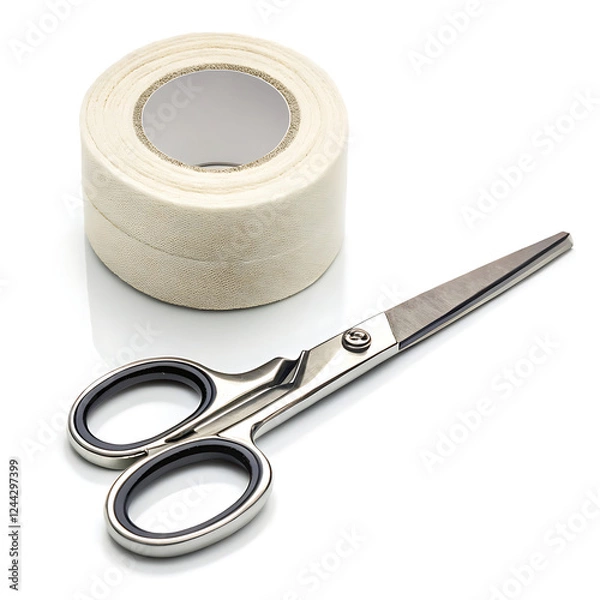 Fototapeta Medical supplies, surgical scissors, white medical tape, stainless steel, precision instruments, healthcare equipment, sterile environment, first aid kit essentials, clinical setting, wound care tools
