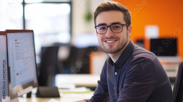 Fototapeta Digital Marketing Manager Overseeing Online Strategy, White Male Professional Analyzing Data in Modern Office Environment
