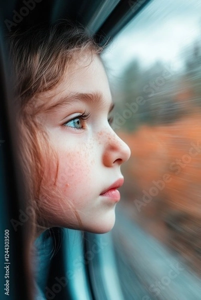 Fototapeta A child looks intently through the window of a moving train, their reflection faintly visible, as trees and landscapes blur by. The moment captures innocence and exploration during travel