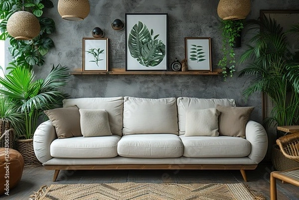Obraz White sofa and posters frames on gray wall Interior design of modern living room