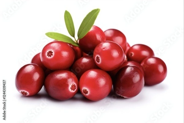 Fototapeta Fresh Cranberries with Leaves Isolated on White - Closeup View of a Pile of Cranberries with Green Leaves