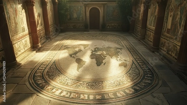 Fototapeta Temple House with a Mosaic Floor Depicting a World Map