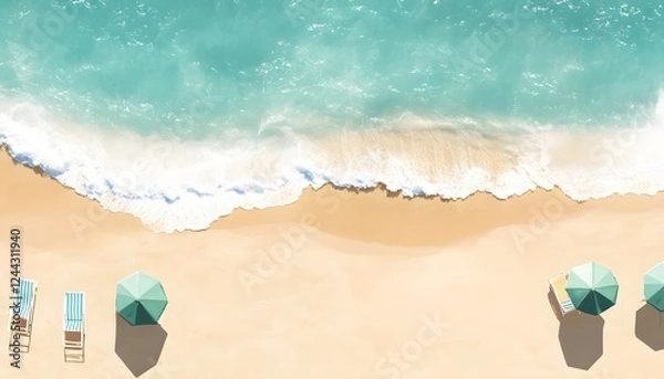 Fototapeta Summer banner background. Beach chair and umbrella beach. Vacation time