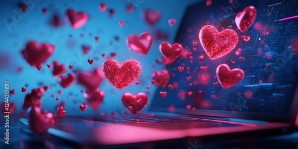 Fototapeta A digital representation of love and connection, featuring vibrant hearts emerging from a laptop, ideal for online dating, social media, or technology-themed projects.